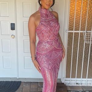 Glamorous Pink Beaded Halter Gown